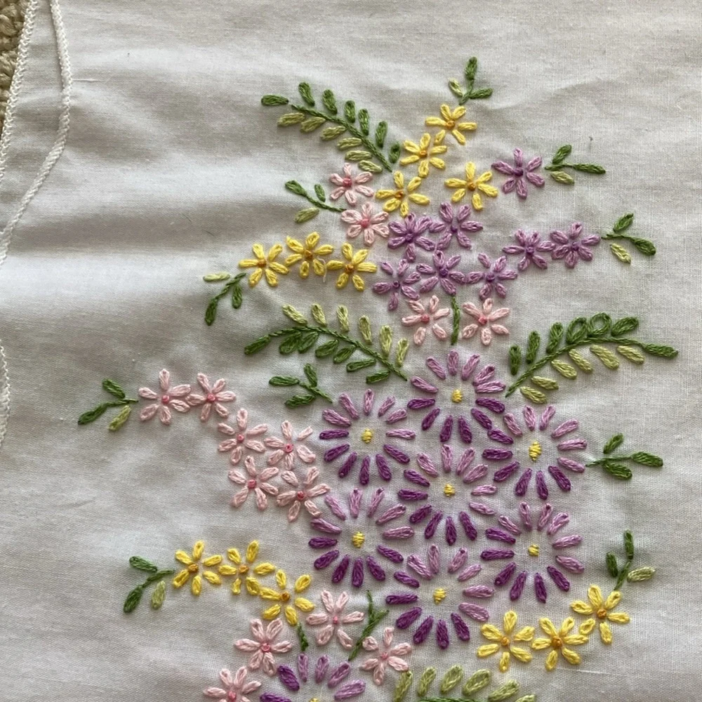 Hand Embroidered White Pillowcase Lavender Flowers Delicate Crafted Colorful EUC